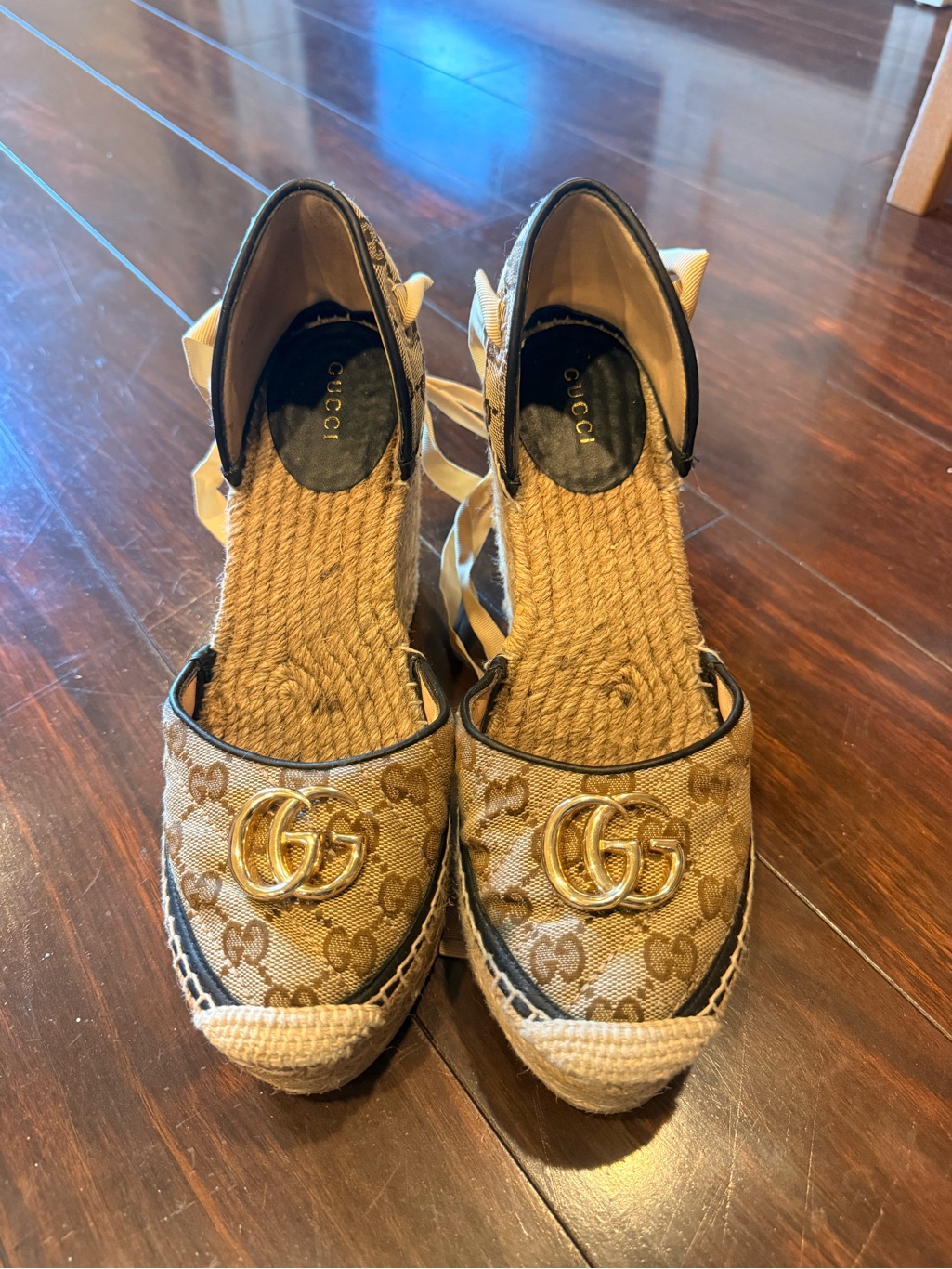Gucci Beige Monogram Espadrille Wedges With Gold Gg